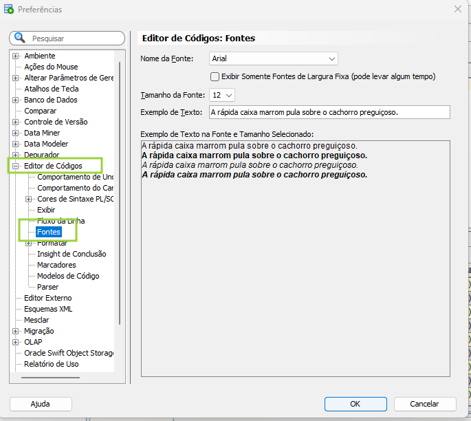 Imagem da janela preferências do SQL Developer, na aba fontes, dentro da pasta editor de código