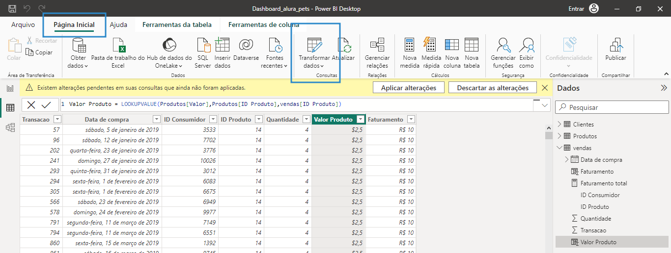 Captura de tela do power bi ressaltando os botões de página inicial e tranformar dados