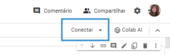 Recorte de uma captura de tela do ambiente do colab. É o canto superior direito da tela, onde ficam as opções comentário, compartilhar, configurações, perfil, detalhes da conexão e colab AI. Um retângulo azul está sobre o botão "conectar"