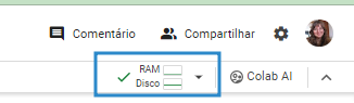 A mesma imagem de cima, porém, agora, no lugar de "conectar", está uma seta verde e indicadores de uso de RAM e de disco