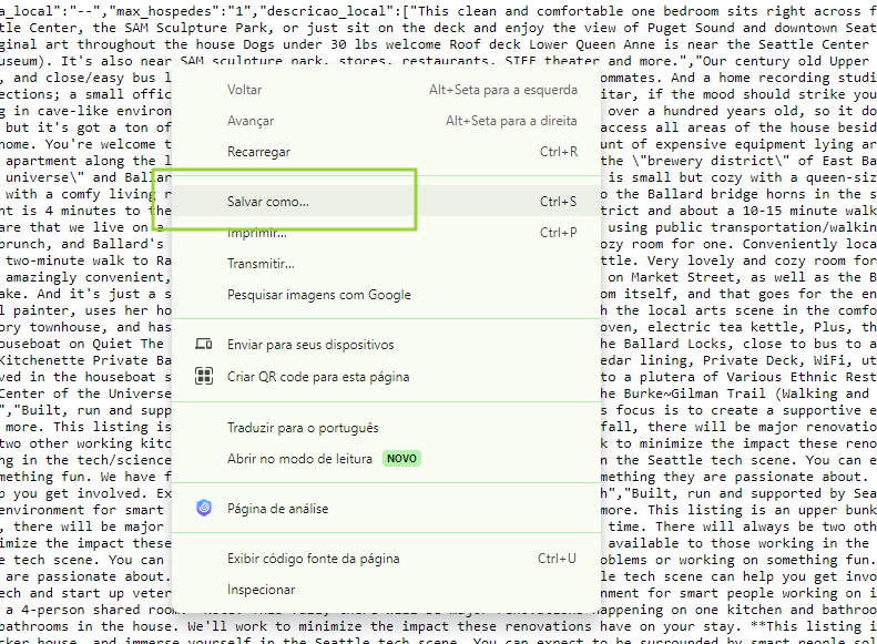 Fundo da imagem do documento json utilizado no curso, com o menu do navegador aberto no meio da imagem. A opção "Salvar como" está destacada