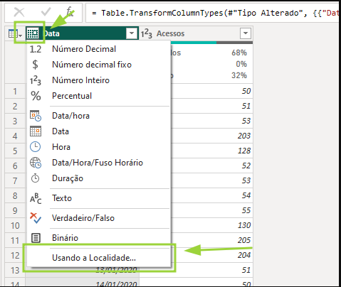 Captura de tela indicando o clique no ícone de tipo na coluna no power query e então a opção "usando a localidade"