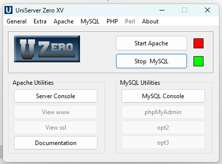 Captura de tela da janela do UniServer Zero XV. A imagem indica que o MySQL está rodando, pois o botão está verde.
