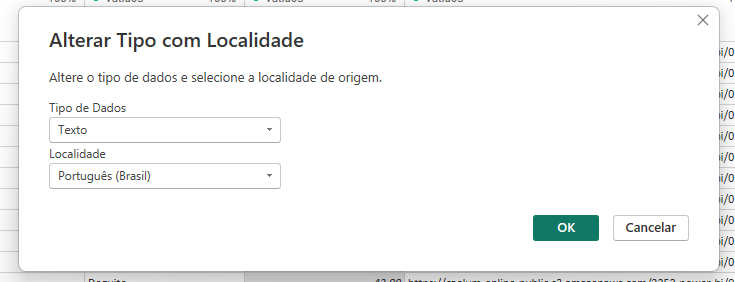 Janela para alteração de localidade no Power Query