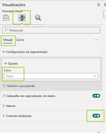 Captura de tela da aba de formatação de visual do power bi, com destaque para o estilo da segmentação selecionado