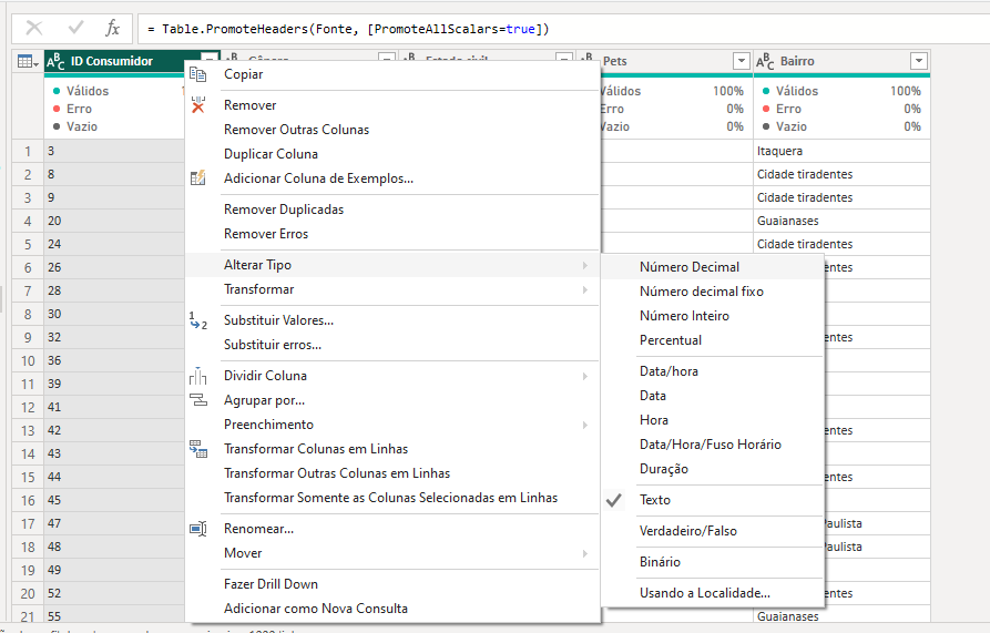 Captura de tela mostrando o menu de configurações da coluna id consumir no power query. O submenu de tipos está aberto.