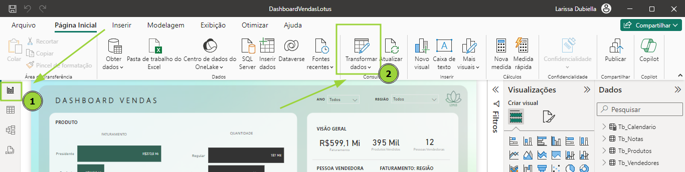 Captura de tela do Power BI mostrando o ícone da aba de exibição de modelo e o ícone transformar dados 