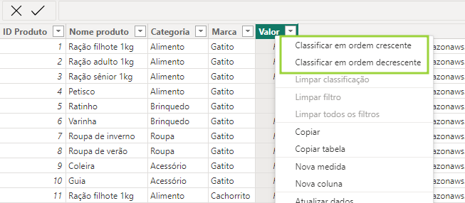 Captura de tela mostrando a tabela de produtos e o menu da coluna Valor aberto, com as opções de classificar por ordem crescente e decrescente circuladas.