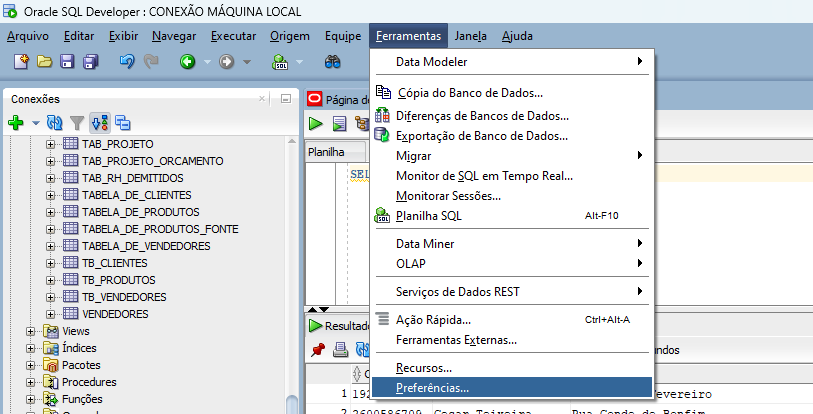 Captura de tela do sql developer com o menu ferramentas aberto e a opção preferências selecionada