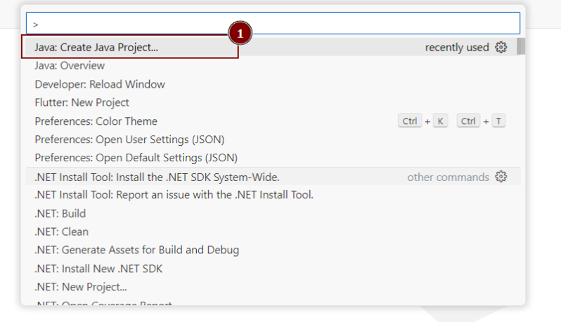 Seleção de Criar novo projeto Java no menu do VSCode