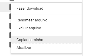 Imagem do menu de arquivo no google colab. A opção "copiar caminho" está destacada