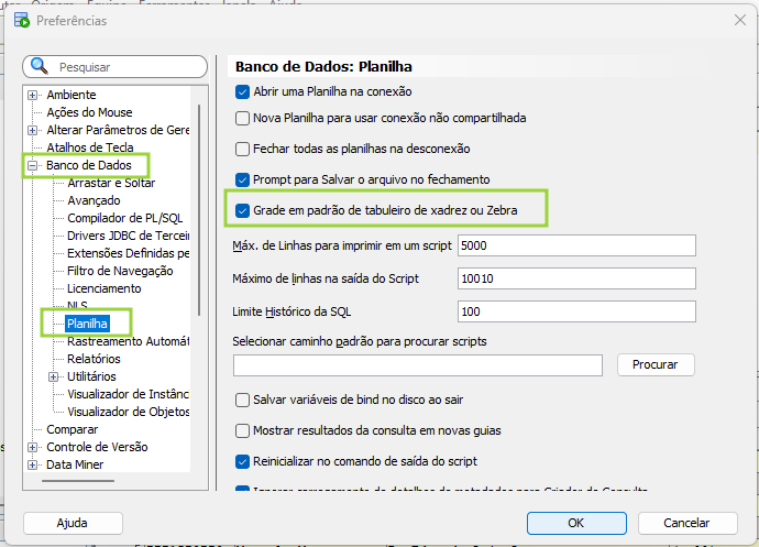 Imagem da janela preferências do SQL Developer, na aba Planilhas, dentro da pasta Banco de Dados, com um retângulo destacando a opção de ativar Grade em padrão de xadrez ou zebra