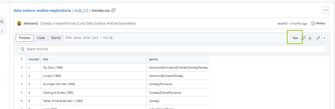 Imagem de um arquivo csv no Github com destaque para o botão que leva para o arquivo raw