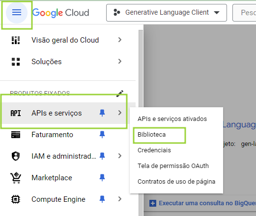 menu do console google cloud mostrando o caminho para a biblioteca