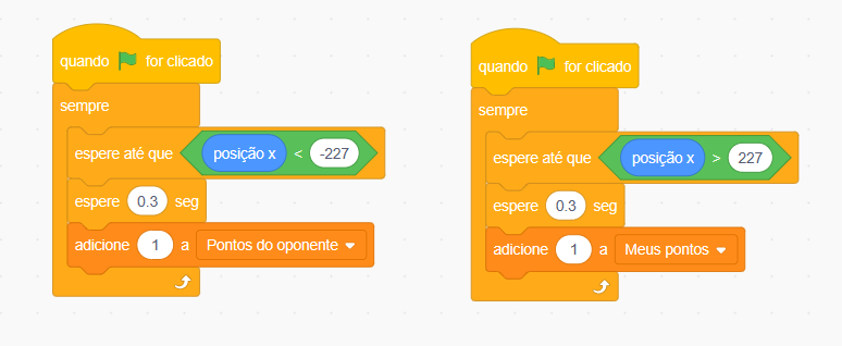 Print de tela de um trecho do Scrath. Plano de fundo branco com 2 bolocos de código coloridos dispostos um ao lado do outro.