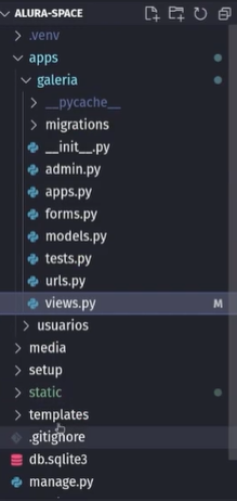 Captura de tela da estrutura de diretórios de um projeto Django, mostrando a pasta apps que contém a pasta galeria com arquivos como admin.py, apps.py, forms.py, models.py, tests.py, urls.py, e views.py.