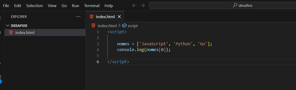 Captura de tela da IDE Visual Studio Code, onde podemos visualizar o arquivo index.html e um código JavaScript dentro de uma tag script do html.