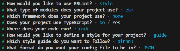 Imagem de um trecho do terminal com as configurações do ESLint: usar estilo, módulos ESM, sem framework, sem TypeScript, rodando em Node, seguindo o guia Airbnb, formato de configuração JSON.
