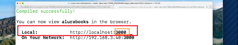 Terminal mostrando aplicação compilada com sucesso, acessível localmente em http://localhost:3000