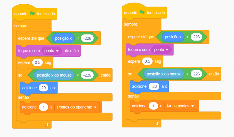 Dois blocos de código coloridos dispostos um ao lado do outro no Scratch.
