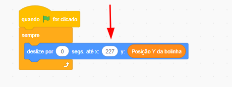 Captura de imagem de um trecho de código do jogo Pong mostrando os comandos seguindo a ordem de cima para baixo: quando bandeira verde for clicada, sempre, deslize por 0 segundos até x: 227 y: posição y da bolinha. Seta vermelha apontando para o número 227.