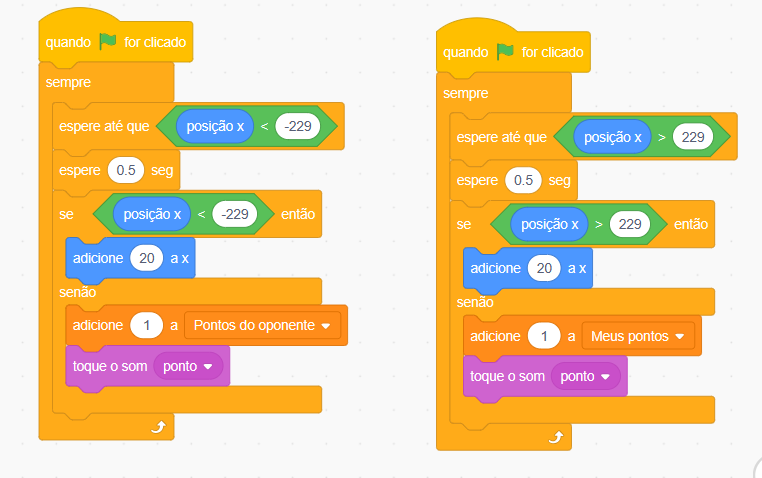 Dois blocos de código coloridos do Scratch, um ao lado do outro.