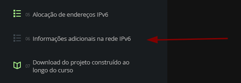 Lista de tópicos de uma aula, com seta vermelha apontando para "Informações adicionais na rede IPv6".