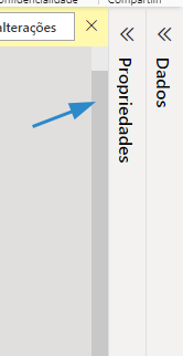 Captura de tela de duas abas laterais direitas do menu do Power BI, em que a primeira, no sentido da esquerda para direita, é indicada por uma seta azul e está escrito "Propriedades", enquanto a segunda está escrito "Dados".