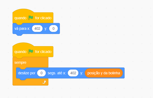 Captura de tela do Scratch. Plano de fundo branco com dois blocos de código coloridos no sentido vertical, no qual o primeiro possui os seguintes códigos, seguindo a ordem de cima para baixo: quando bandeira verde for clicada, vá para x: 402 y: 0. O segundo código possui os seguintes comandos, seguindo a ordem de cima para baixo: quando bandeira verde for clicada, sempre, deslize por 0 segundos até x: 402 y: posição y da bolinha.