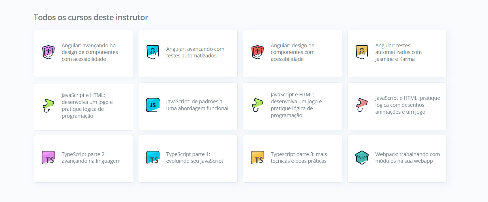 Imagem com uma lista de cursos de tecnologia, com seus respectivos títulos e ícones. Os cursos são organizados em uma grade de quatro colunas e três linhas.