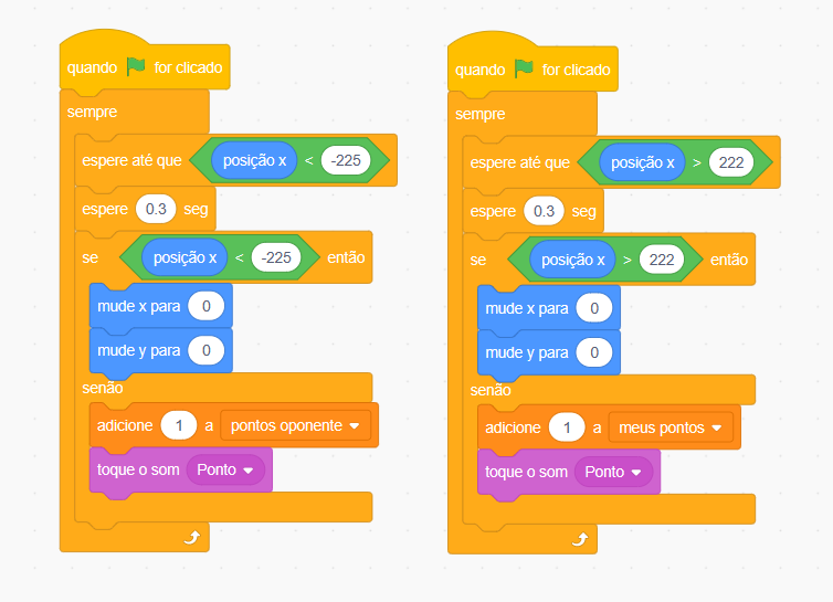 Print de tela do Scratch. Plano de fundo branco com dois blocos de código coloridos um ao lado do outro.