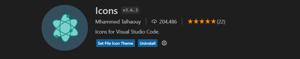 Imagem com plano de fundo preto, ao centro um ícone circular cinza com uma imagem verde ao centro, seguido ao lado direito do título "Icons", logo abaixo informações adicionais como o texto "Icons for Visual Studio Code" e os botões azuis "Set File Icon Theme" e "Uninstall"