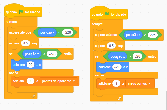 Captura de tela do Scratch com dois blocos de códigos coloridos dispostos um ao lado do outro.
