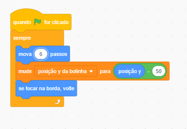 Captura de tela colorida de um código do jogo Pong com os comandos seguindo a ordem de cima para baixo: quando a bandeira verde for clicada (comando em amarelo), sempre (comando em laranja), mova 6 passos (comando em azul claro), mude posição y da bolinha para (comando em laranja) posição y (comando em azul claro) - 50 (comando em verde), se tocar na borda, volte (comando em azul claro).