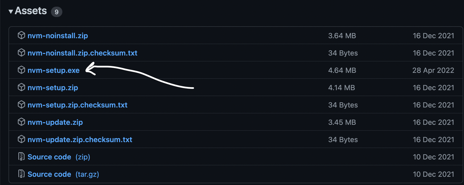 Captura de tela da opção Assets de um README no GitHub. Tela de fundo preta com uma sequência disposta verticalmente de links representados por textos de ativos em azul, com uma seta apontando para o ativo nvm-setup.exe.