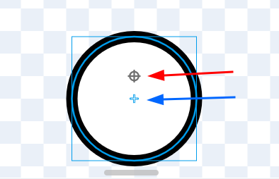 Captura de tela do Scratch. Plano de fundo xadrez, alternando entre as cores branco e cinza. Um circulo branco de borda preta representando o ator Bolinha ao centro da imagem. Um sinal de mais circulado acinzentado dentro da bolinha, apontado por uma seta vermelha e um sinal de mais azul ao centro da bolinha, apontado por uma seta azul.