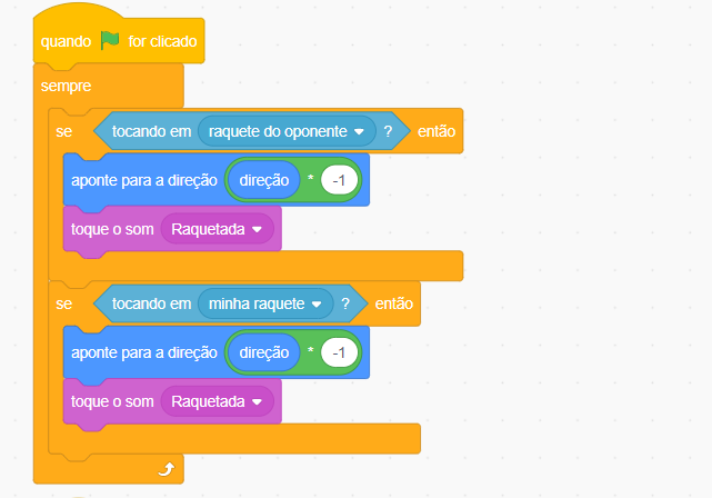 Captura de tela do Scratch, imagem com um plano de fundo branco e ao centro um código colorido com os seguintes comandos, seguindo a ordem de cima para baixo: quando bandeira verde for clicada, sempre, se tocando em raquete do oponente então, aponte para a direção direção * -1, toque o som Raquetada, se tocando em minha raquete então, aponte para a direção direção * -1, toque o som Raquetada.