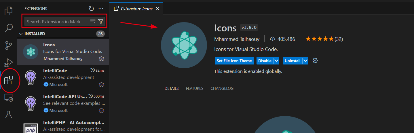 Print de tela da aba para instalar a extensão Icons no Visual Studio Code 