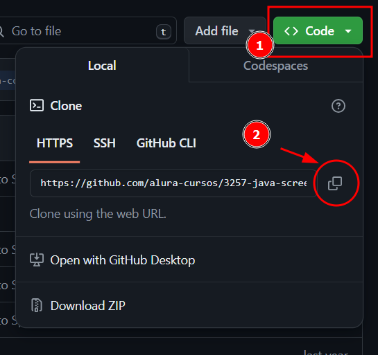 Captura de tela da área do GitHub responsável por copiar o link https do repositório para clonagem