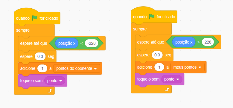 Captura de tela do Scratch. Plano de fundo branco com dois blocos de código coloridos ao centro, um ao lado do outro.