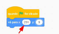 Captura de tela do Scratch. Plano de fundo branco com um bloco de código colorido ao centro, que possui os seguintes comandos, seguindo a ordem de cima para baixo: quando bandeira verde for clicada, vá para x: 231 y:9. Seta vermelha apontando para o número 231.