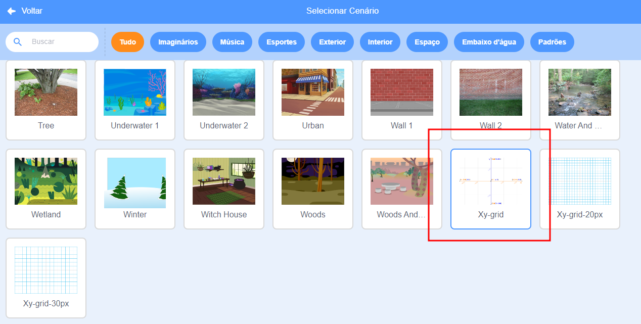 Captura de tela do site "Scratch", cuja página é a de seleção de cenário. Está no final da página e mostra o cenário "Xy-grid", de um plano cartesiano, com um quadrado de bordas vermelhas marcando o cenário.