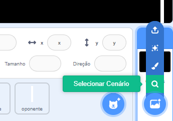 Captura de tela do canto inferior do site "Scratch", no editor da criação de jogos e animações. Nela está mostrando a busca pelo cenário, cujo ícone é o quarto e em frente a ele está escrito "Selecionar Cenário", em uma cor mais esverdeada, tanto a frase quanto o ícone.
