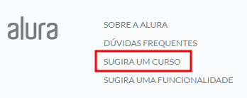 Logo da Alura no cabeçalho, junto às funcionalidades. A terceira é a frase "sugira um curso".