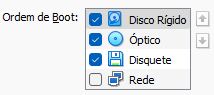 Ordem de Boot na máquina virtual, com o disco rígido em primeiro lugar, depois o óptico, o disquete e a rede. Os três primeiros marcados