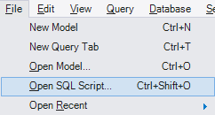 Aba "File" clicada e com a opção "Open SQL Script" selecionada