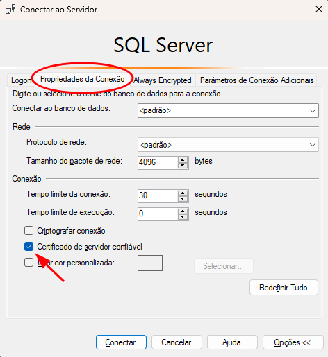 Aba de propriedades da conexão, mostrando a opção de marcar "Certificado de servidor confiável"