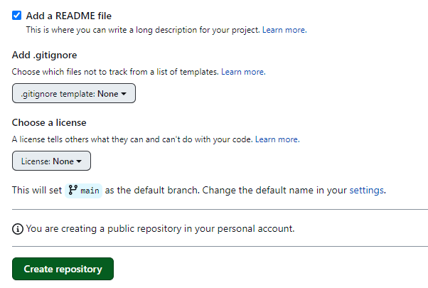 Recorte da captura de tela da criação de um novo repositório no GitHub, mostrando da opção "Add a README file" até o botão verde de criar repositório.