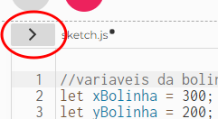 Captura de tela de parte da página do editor p5.js, onde há um círculo em volta do botão quadricular com um sinal de "maior que" dentro.