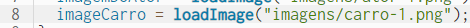 Recorte de captura de tela no editor da biblioteca "p5.js", em que a linha 8 está apresentando a variável imageCarro igual a loadImage com o caminho abre parenteses "imagens/carro-1.png fecha parenteses"